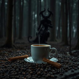 A serene forest scene with dim lighting, where coffee grains scatter on the ground and a steaming cup of coffee sits prominently