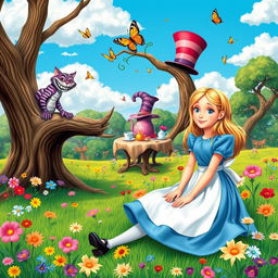 A whimsical scene inspired by Alice in Wonderland featuring Alice in her classic blue dress with a white apron, sitting on a vibrant green meadow surrounded by an array of colorful flowers