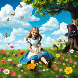 A whimsical scene inspired by Alice in Wonderland featuring Alice in her classic blue dress with a white apron, sitting on a vibrant green meadow surrounded by an array of colorful flowers