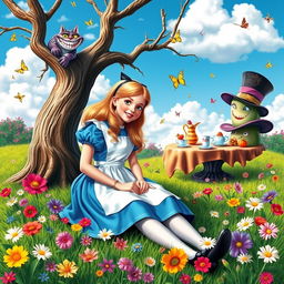 A whimsical scene inspired by Alice in Wonderland featuring Alice in her classic blue dress with a white apron, sitting on a vibrant green meadow surrounded by an array of colorful flowers