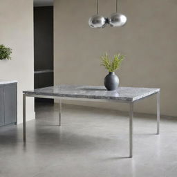 A sleek, gleaming kitchen table with a stainless steel frame, topped with a polished grey marble surface. It exudes modern and minimalist vibes against a neutral backdrop.