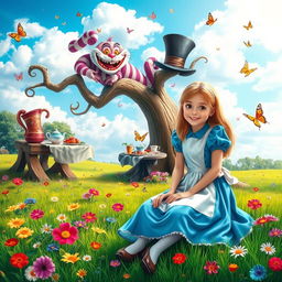 A whimsical scene inspired by Alice in Wonderland featuring Alice in her classic blue dress with a white apron, sitting on a vibrant green meadow surrounded by an array of colorful flowers