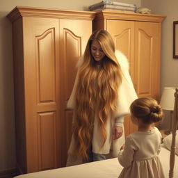 A mother with very long, soft, and flowing hair stands beside a wardrobe in a cozy room