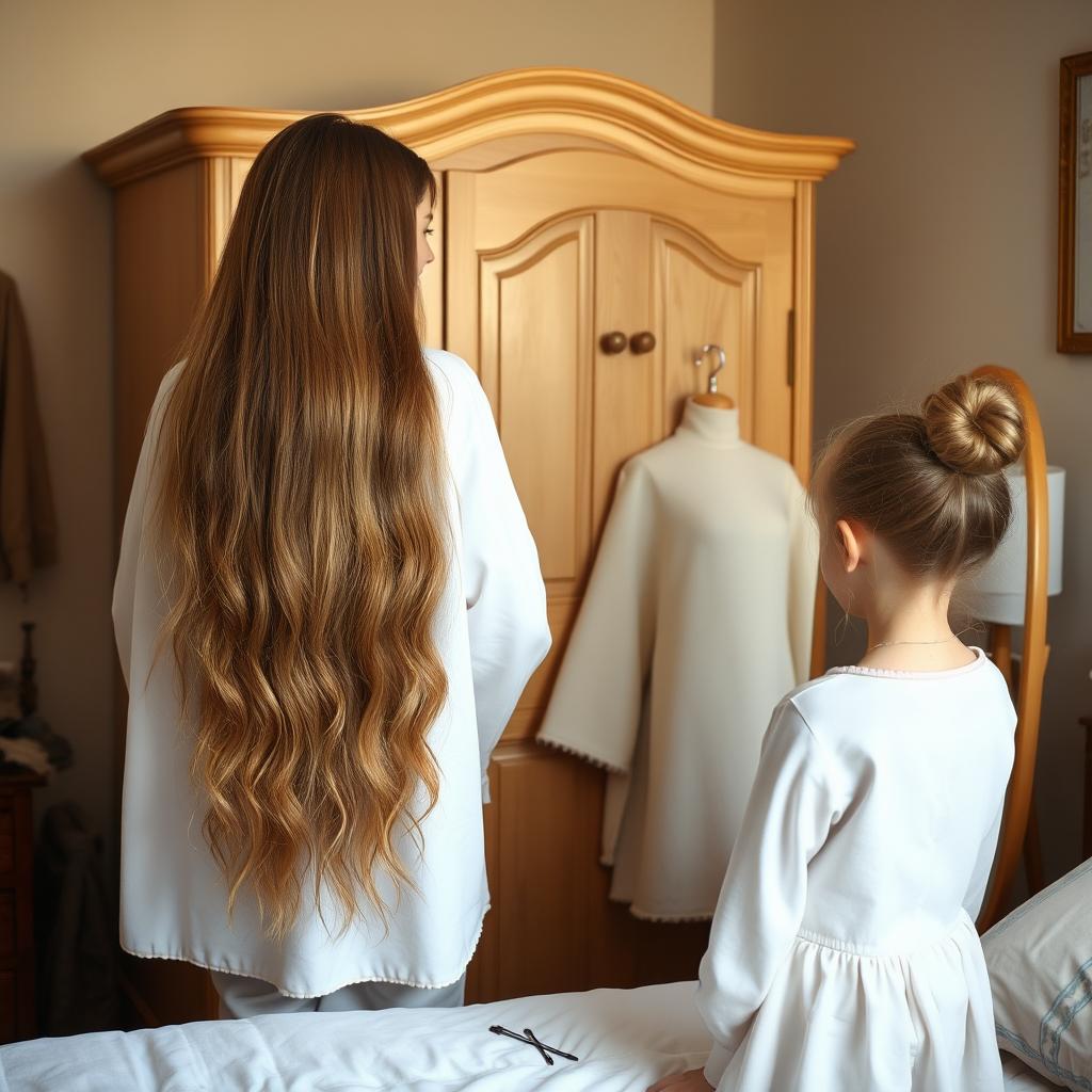 A mother with very long, soft, and flowing hair stands beside a wardrobe in a cozy room