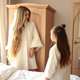 A mother with very long, soft, and flowing hair stands beside a wardrobe in a cozy room