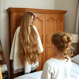 A mother with very long, soft, and flowing hair stands beside a wardrobe in a cozy room