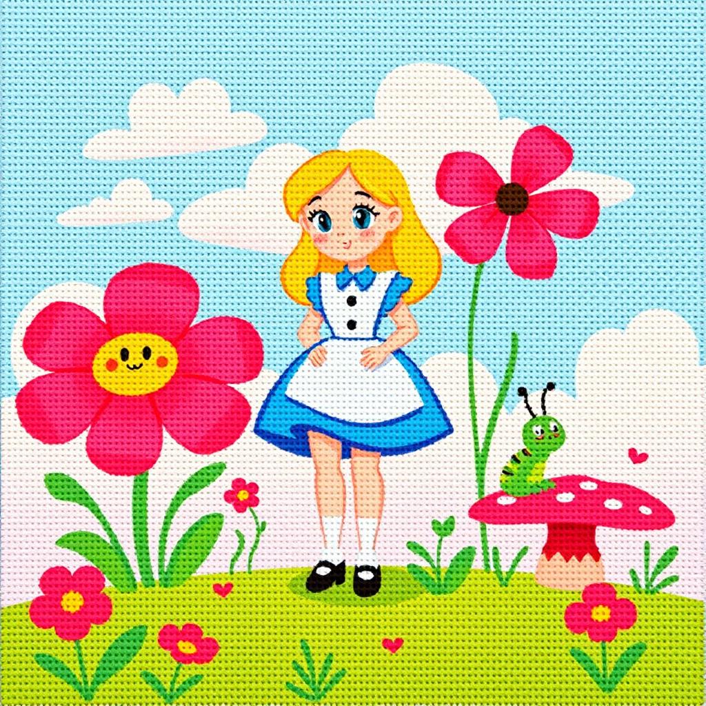 A simple and charming scene inspired by Disney's Alice in Wonderland, depicting Alice in her classic blue dress and white apron, standing with a curious expression