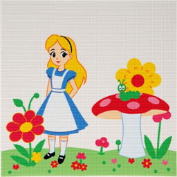 A simple and charming scene inspired by Disney's Alice in Wonderland, depicting Alice in her classic blue dress and white apron, standing with a curious expression