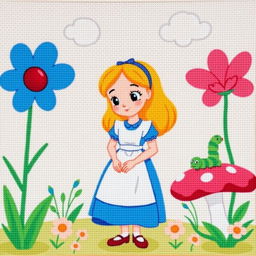 A simple and charming scene inspired by Disney's Alice in Wonderland, depicting Alice in her classic blue dress and white apron, standing with a curious expression