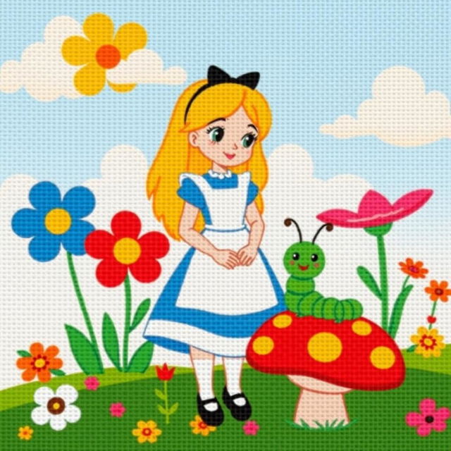 A simple and charming scene inspired by Disney's Alice in Wonderland, depicting Alice in her classic blue dress and white apron, standing with a curious expression