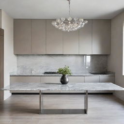 A sleek, gleaming kitchen table with a stainless steel frame, topped with a polished grey marble surface. It exudes modern and minimalist vibes against a neutral backdrop.