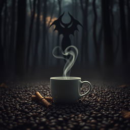 A tranquil forest setting shrouded in twilight, featuring scattered coffee grains on the forest floor