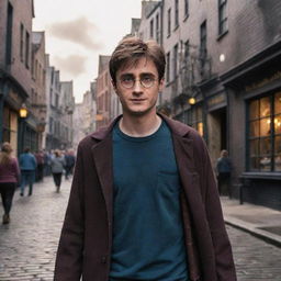 Harry Potter with his signature glasses and lightning bolt scar, navigating the bustling, magical streets of Diagon Alley filled with old brick buildings, mystical shops, and curious magical creatures.