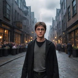 Harry Potter with his signature glasses and lightning bolt scar, navigating the bustling, magical streets of Diagon Alley filled with old brick buildings, mystical shops, and curious magical creatures.