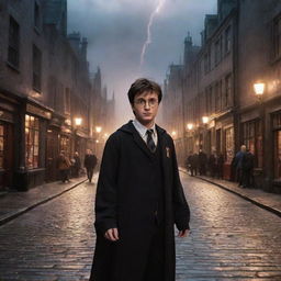 Harry Potter with his signature glasses and lightning bolt scar, navigating the bustling, magical streets of Diagon Alley filled with old brick buildings, mystical shops, and curious magical creatures.