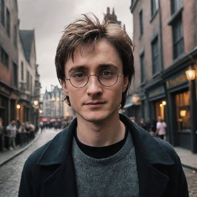 Harry Potter with his signature glasses and lightning bolt scar, navigating the bustling, magical streets of Diagon Alley filled with old brick buildings, mystical shops, and curious magical creatures.