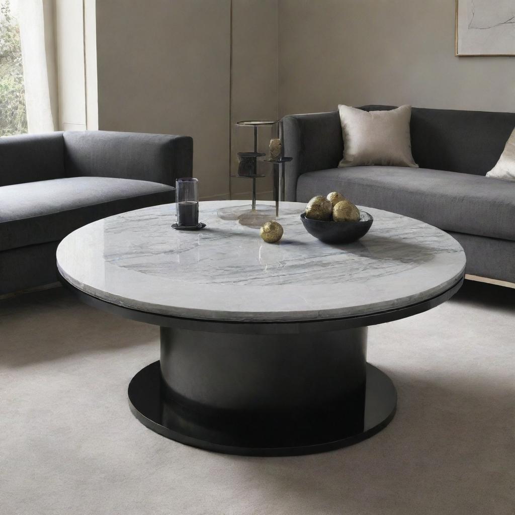 A sophistic black center table designed for a living room, adorned with a polished grey marble top.