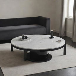 A sophistic black center table designed for a living room, adorned with a polished grey marble top.