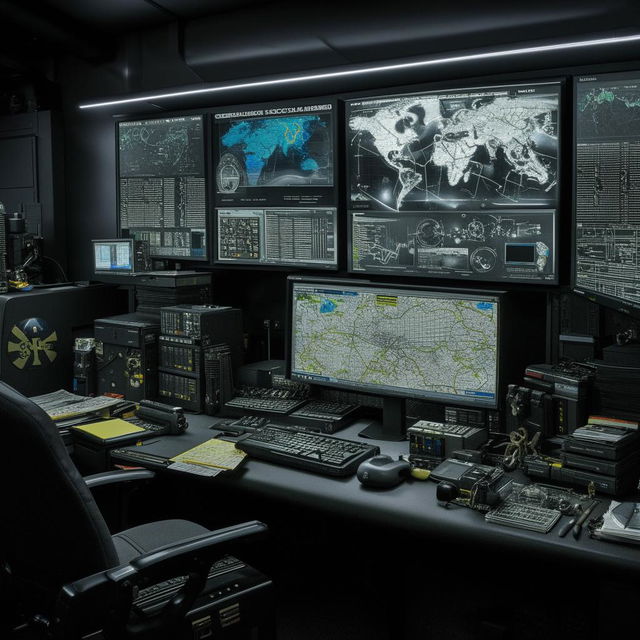 The meticulously organized desk of the SWAT Commander, featuring a high-tech computer setup, detailed maps, critical documents, and vital communication equipment.