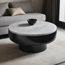 A sophistic black center table designed for a living room, adorned with a polished grey marble top.