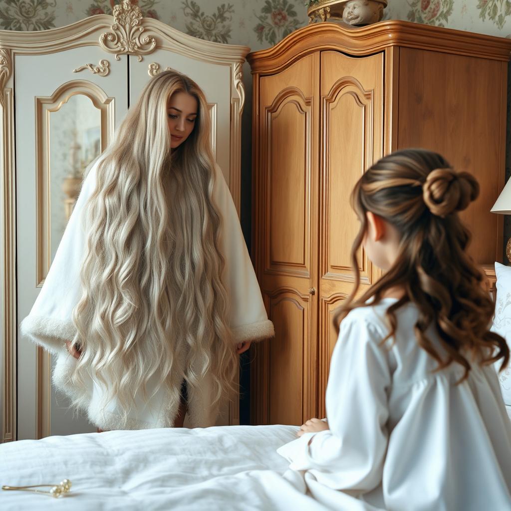 A mother with incredibly long, soft, and flowing hair stands beside a wardrobe in a beautifully decorated room