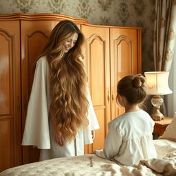 A mother with incredibly long, soft, and flowing hair stands beside a wardrobe in a beautifully decorated room