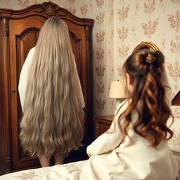 A mother with incredibly long, soft, and flowing hair stands beside a wardrobe in a beautifully decorated room