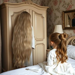 A mother with incredibly long, soft, and flowing hair stands beside a wardrobe in a beautifully decorated room