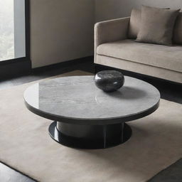 A sophistic black center table designed for a living room, adorned with a polished grey marble top.