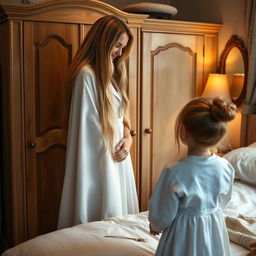 A mother with extremely long, soft, and flowing hair stands beside a wardrobe in a charming room, where she is dressed in a white winter cloak that flows elegantly