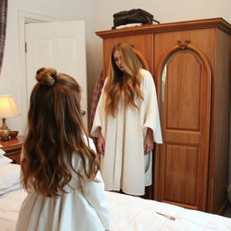 A mother with extremely long, soft, and flowing hair stands beside a wardrobe in a charming room, where she is dressed in a white winter cloak that flows elegantly