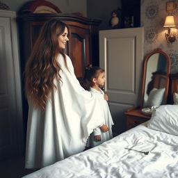 A mother with extremely long, soft, and flowing hair stands beside a wardrobe in a charming room, where she is dressed in a white winter cloak that flows elegantly