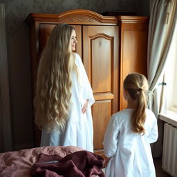 A mother with extremely long, soft, and flowing hair stands beside a wardrobe in a charming room, where she is dressed in a white winter cloak that flows elegantly