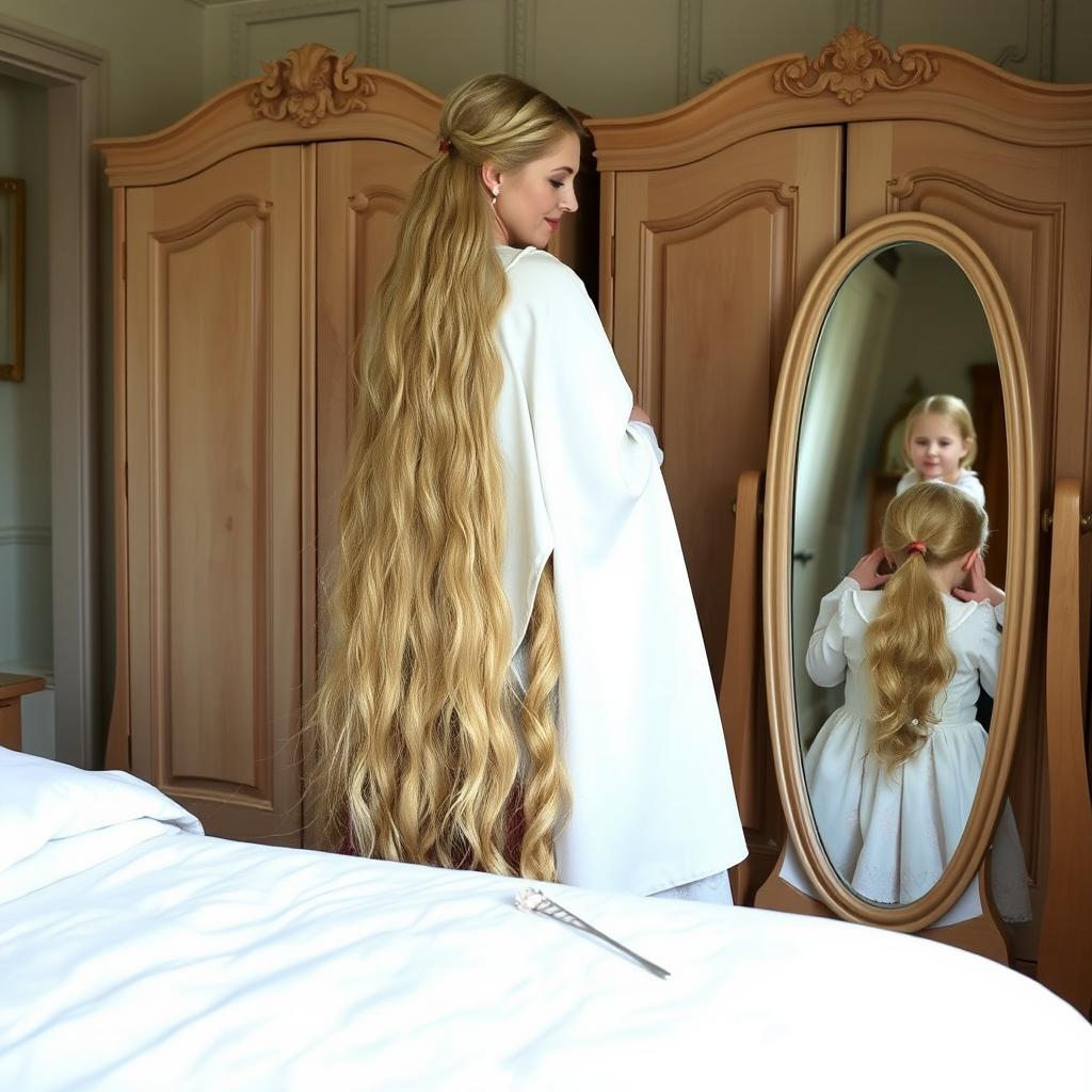 A mother resembling Rapunzel, with extremely long, soft, and flowing hair cascading down her back, stands beside a wardrobe in a charming room