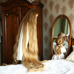 A mother resembling Rapunzel, with extremely long, soft, and flowing hair cascading down her back, stands beside a wardrobe in a charming room