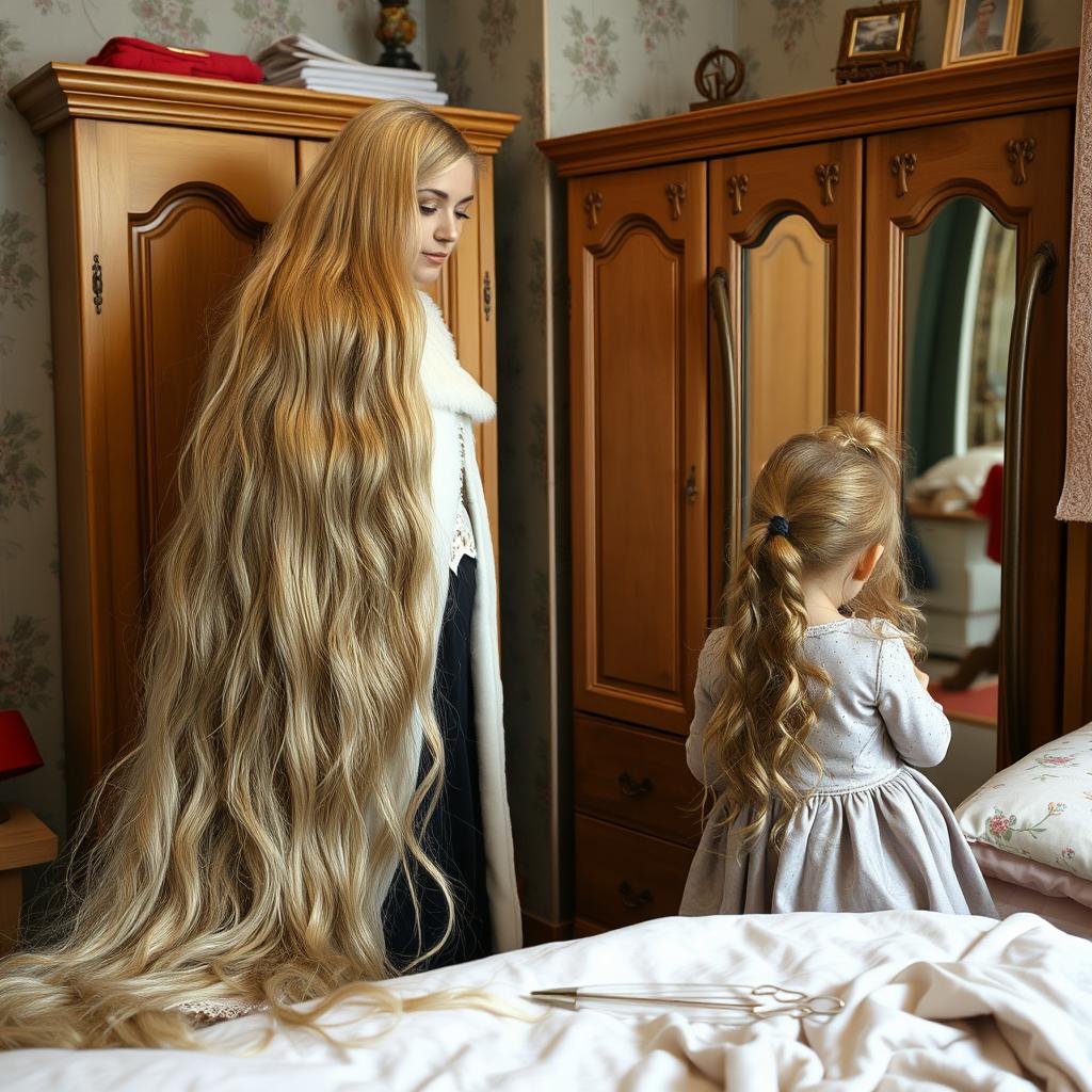 A mother resembling Rapunzel, with extremely long, soft, and flowing hair cascading down her back, stands beside a wardrobe in a charming room