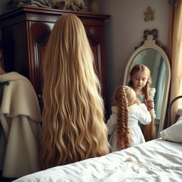 A mother resembling Rapunzel, with extremely long, soft, and flowing hair cascading down her back, stands beside a wardrobe in a charming room