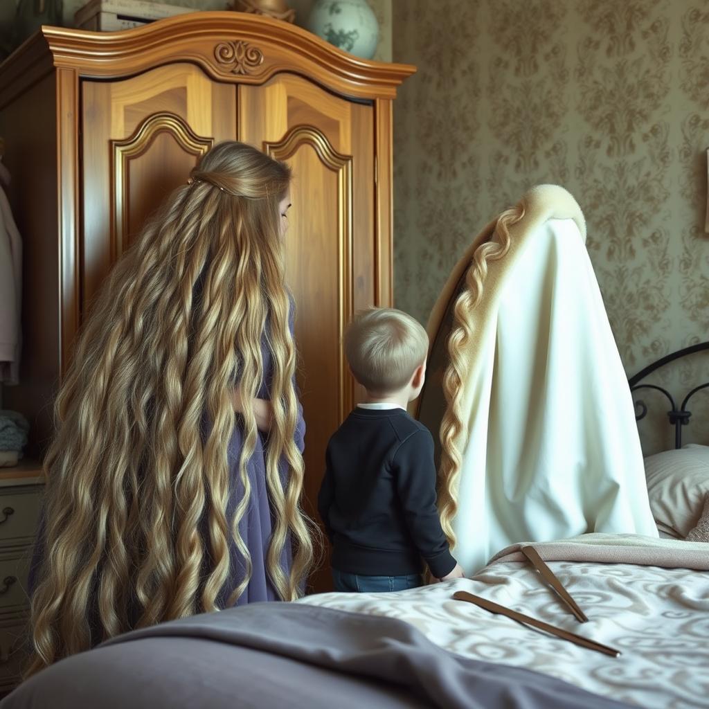 A mother resembling Rapunzel is in a cozy room with her daughter and son