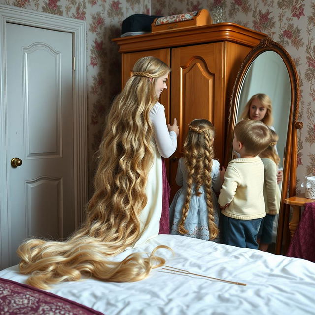 A mother resembling Rapunzel is in a cozy room with her daughter and son