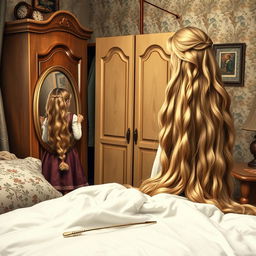 A mother resembling Rapunzel is in a cozy room with her daughter and son