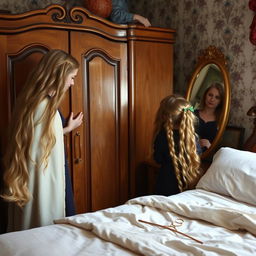 A mother resembling Rapunzel is in a cozy room with her daughter and son