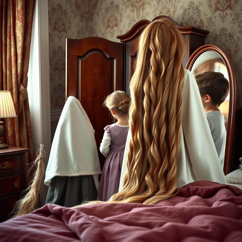 A mother resembling Rapunzel is in a cozy room with her daughter and son