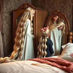 A mother resembling Rapunzel is in a cozy room with her daughter and son