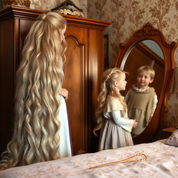 A mother resembling Rapunzel is in a cozy room with her daughter and son