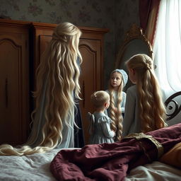 A mother resembling Rapunzel is in a cozy room with her daughter and son