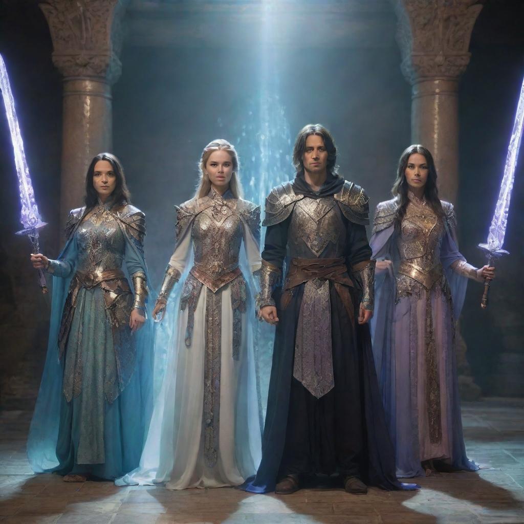 Three young swordsmen in intricate armor standing alongside three female mages in flowing, mystical robes, all placed in a luminous magical dungeon brimming with ancient artefacts and radiant crystals.