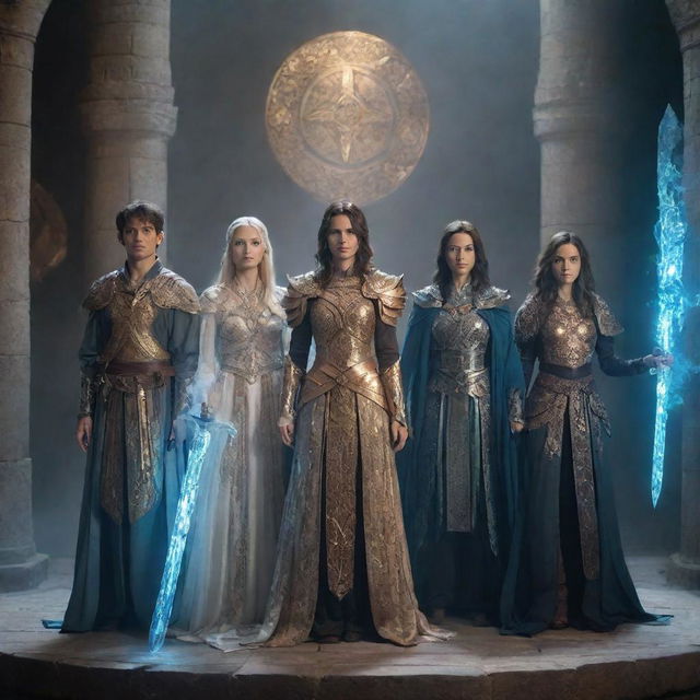 Three young swordsmen in intricate armor standing alongside three female mages in flowing, mystical robes, all placed in a luminous magical dungeon brimming with ancient artefacts and radiant crystals.