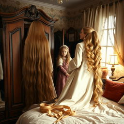 A mother resembling Rapunzel is in a cozy, enchanting room with her daughter and son