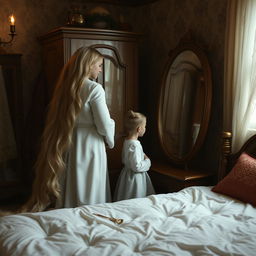 A mother resembling Rapunzel is in a cozy, enchanting room with her daughter and son