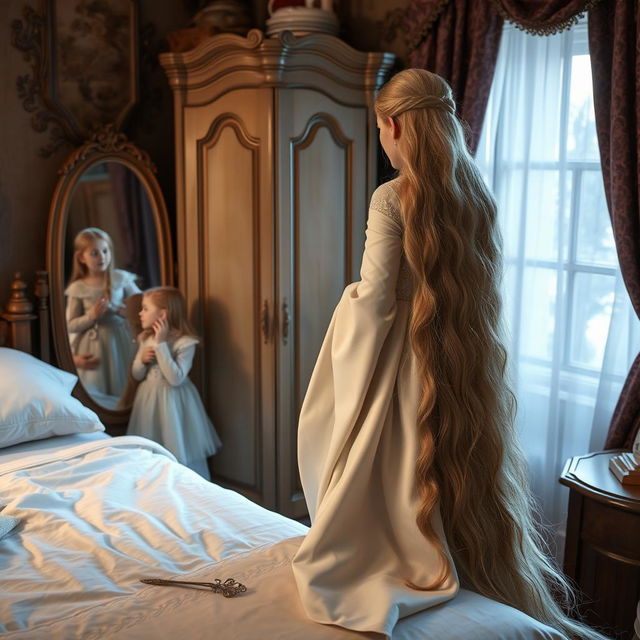 A mother resembling Rapunzel is in a cozy, enchanting room with her daughter and son